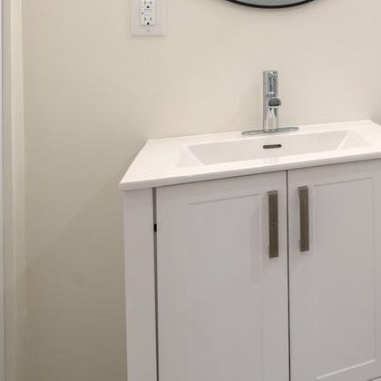 White vanity, black fixtures