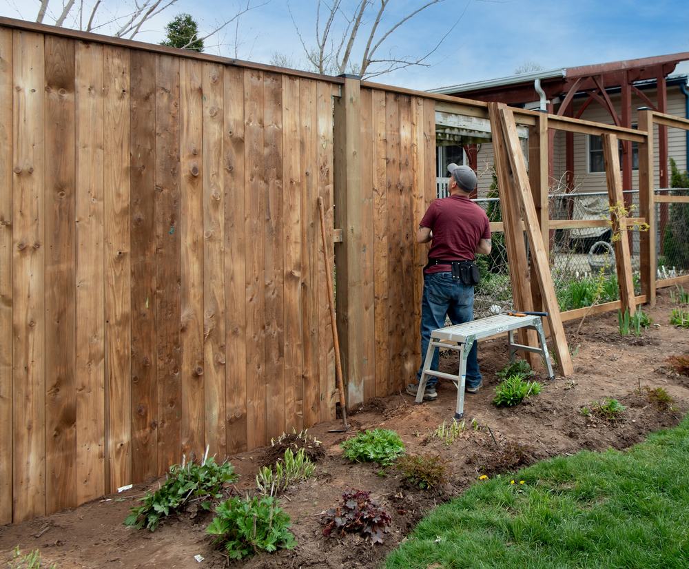 Contractor installing a cedar fence panel