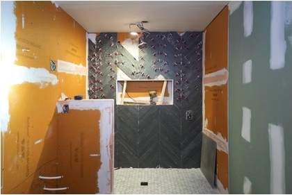 Slate Chevron Spa Bathroom, Ajax: Waterproofing and tile underway