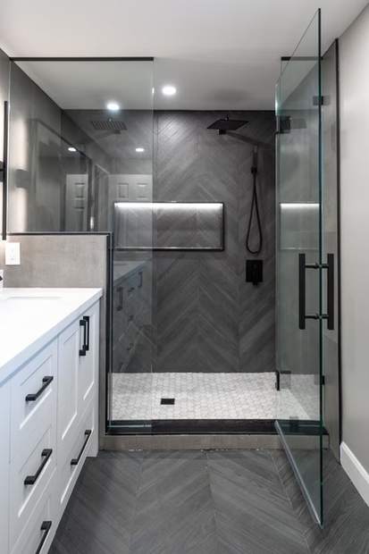 Slate Chevron Spa Bathroom, Ajax: Glass shower with a lit niche