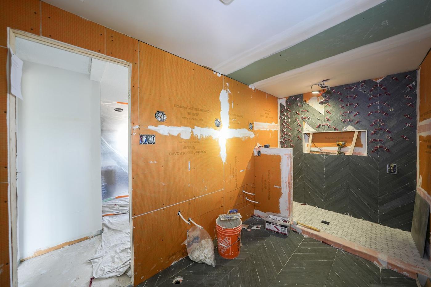 Slate Chevron Spa Bathroom, Ajax: Waterproofing and tile underway