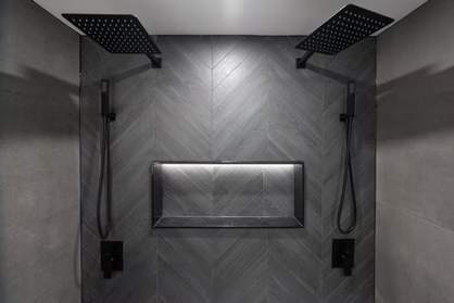 Slate Chevron Spa Bathroom, Ajax: Dual rain showers with a lit niche