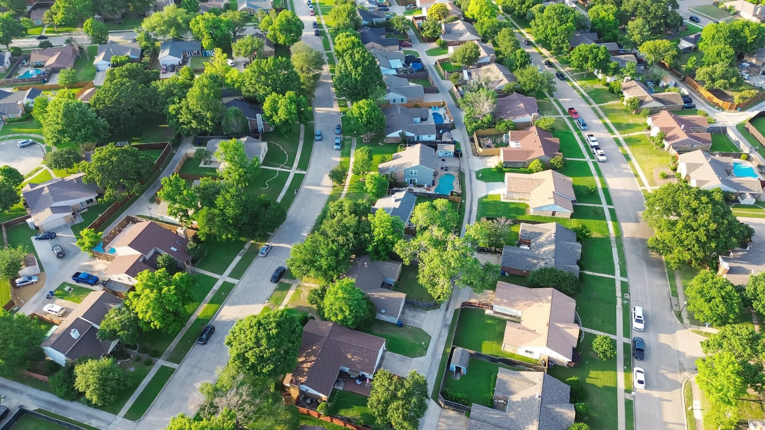 Aerial view of a tree-lined residential neighbourhood with family homes, backyards and pools