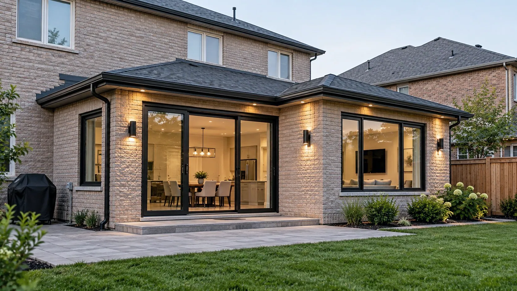 Brick rear home addition with large black-framed windows, sliding patio doors and a new roof