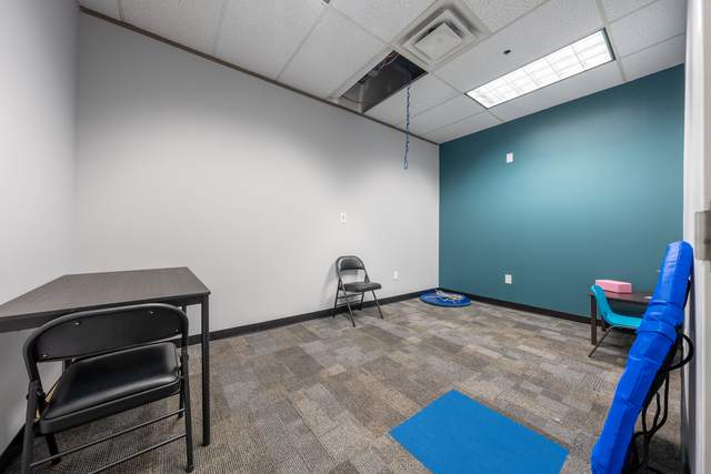 Dots for Kids Occupational Therapy Centre, Whitby: Therapy room with a teal accent wall, seating and sensory swing on the floor
