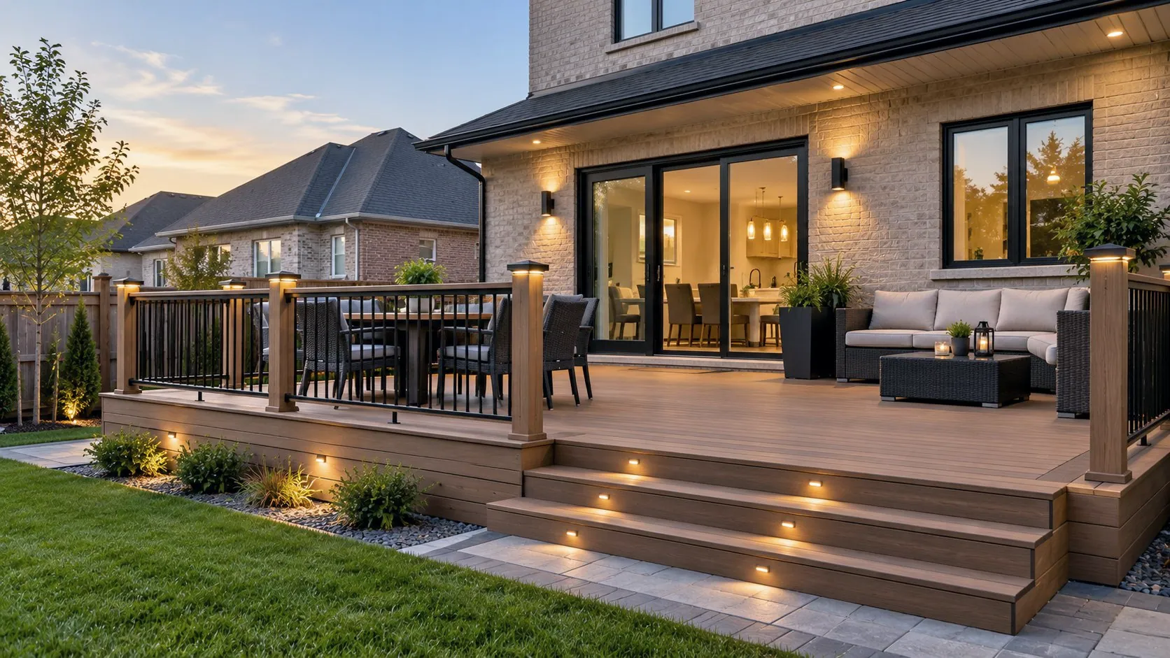 Composite deck with black aluminum railings, lit steps and post cap lights