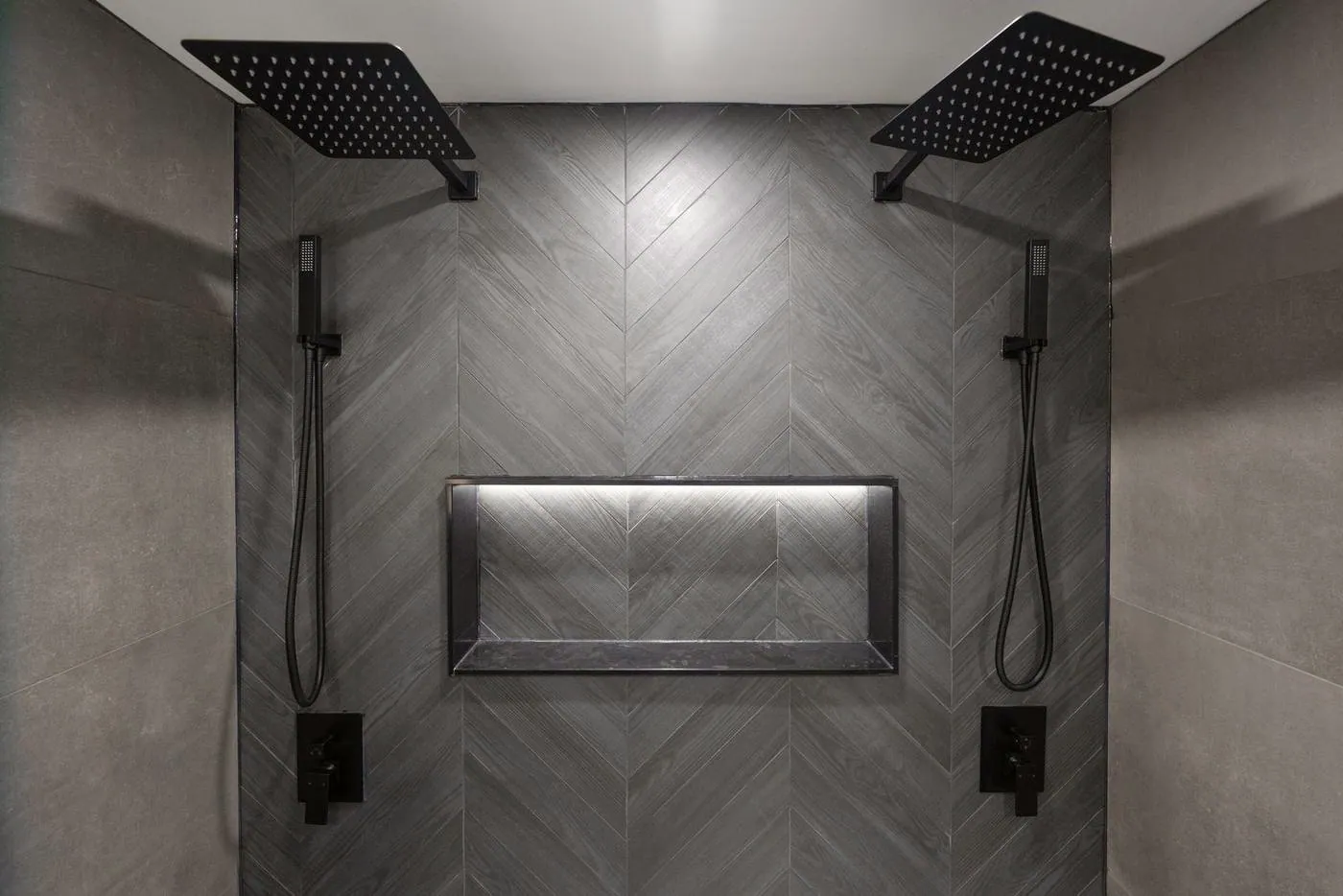 Slate Chevron Spa Bathroom, Ajax: Dual rain showers with a lit niche