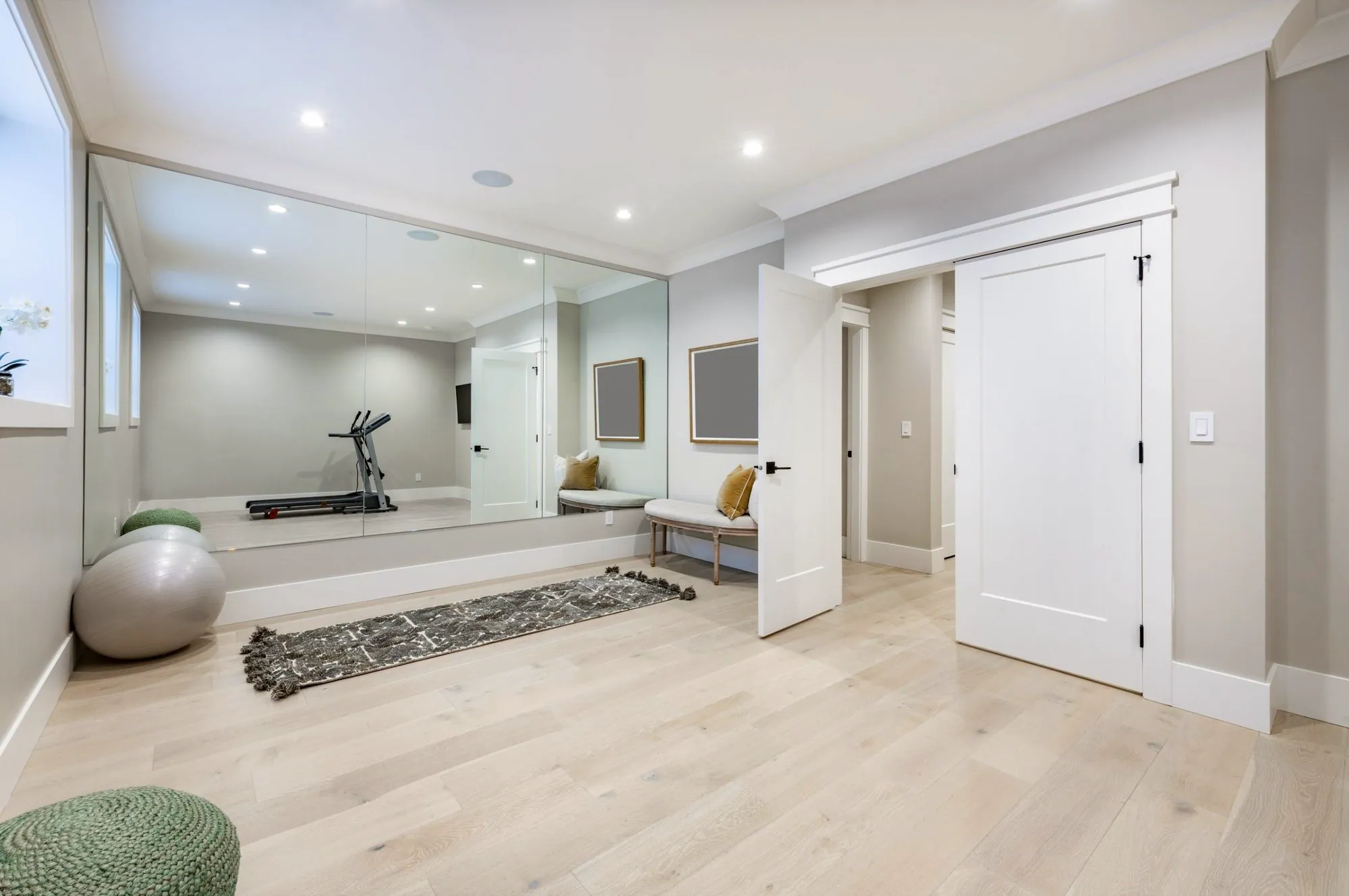Finished basement home gym with a mirror wall, wide-plank flooring and pot lights