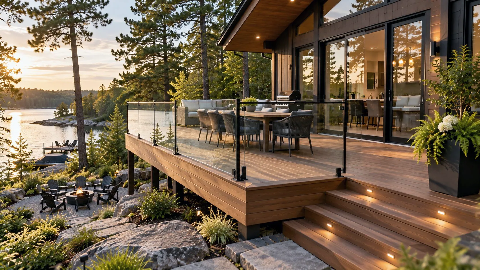 Lakeside composite deck with glass railings, outdoor dining and lit stairs