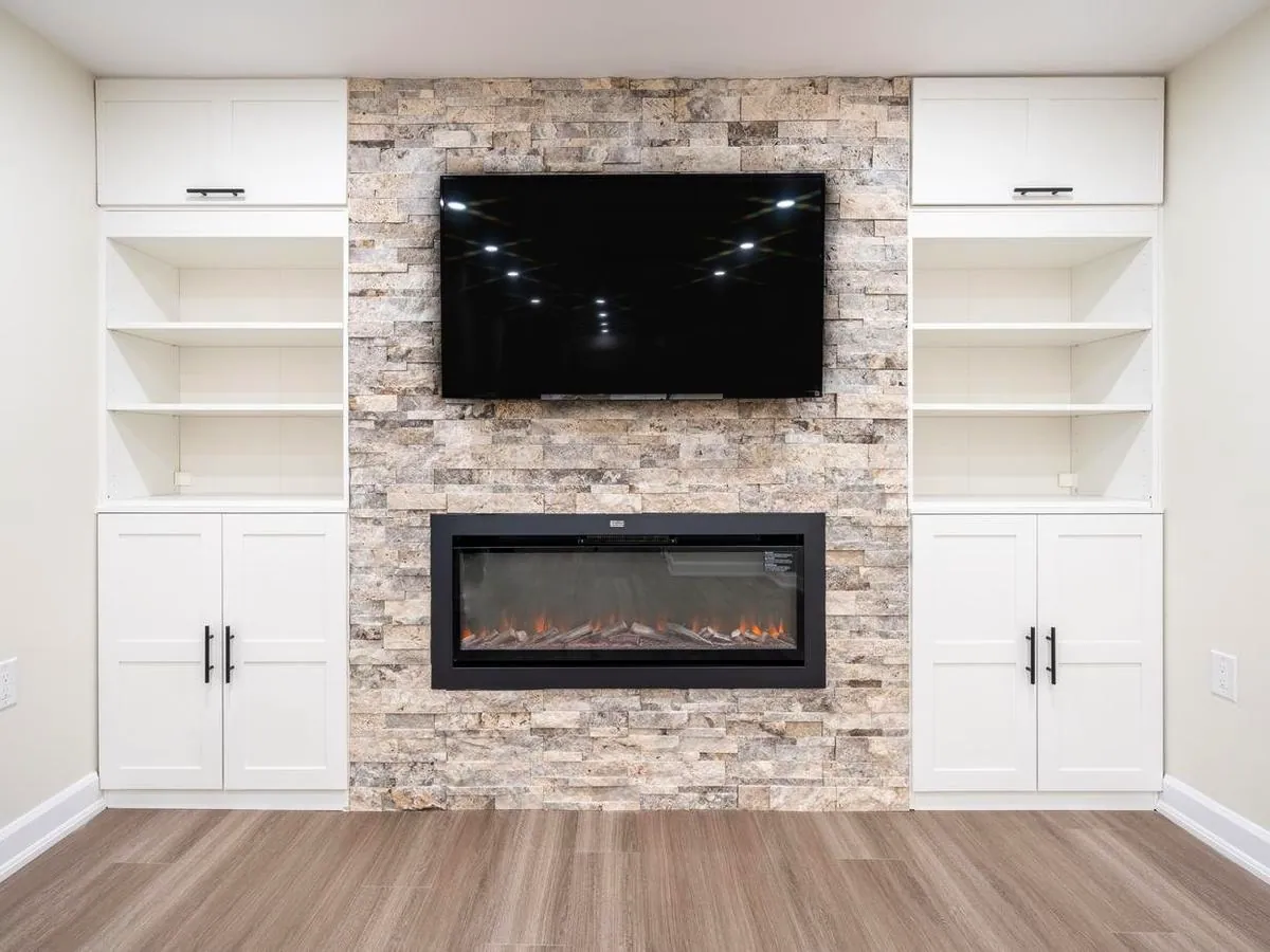 Stone and warm wood: stacked stone feature wall
