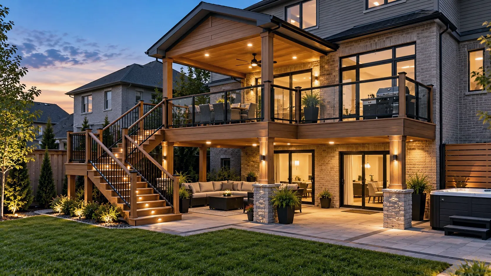 Two-level composite deck with glass and black aluminum railings, lit stairs and a covered patio below