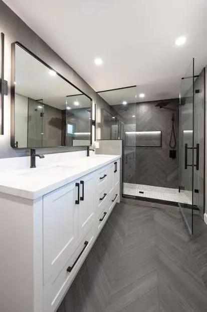 Chevron porcelain tile bathroom floor, Ajax